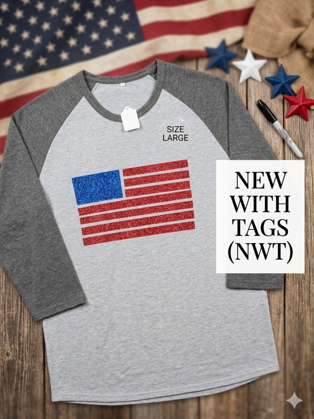 Cricut Baseball Tee size Large New Crafted Flag With Baseball Sleeve